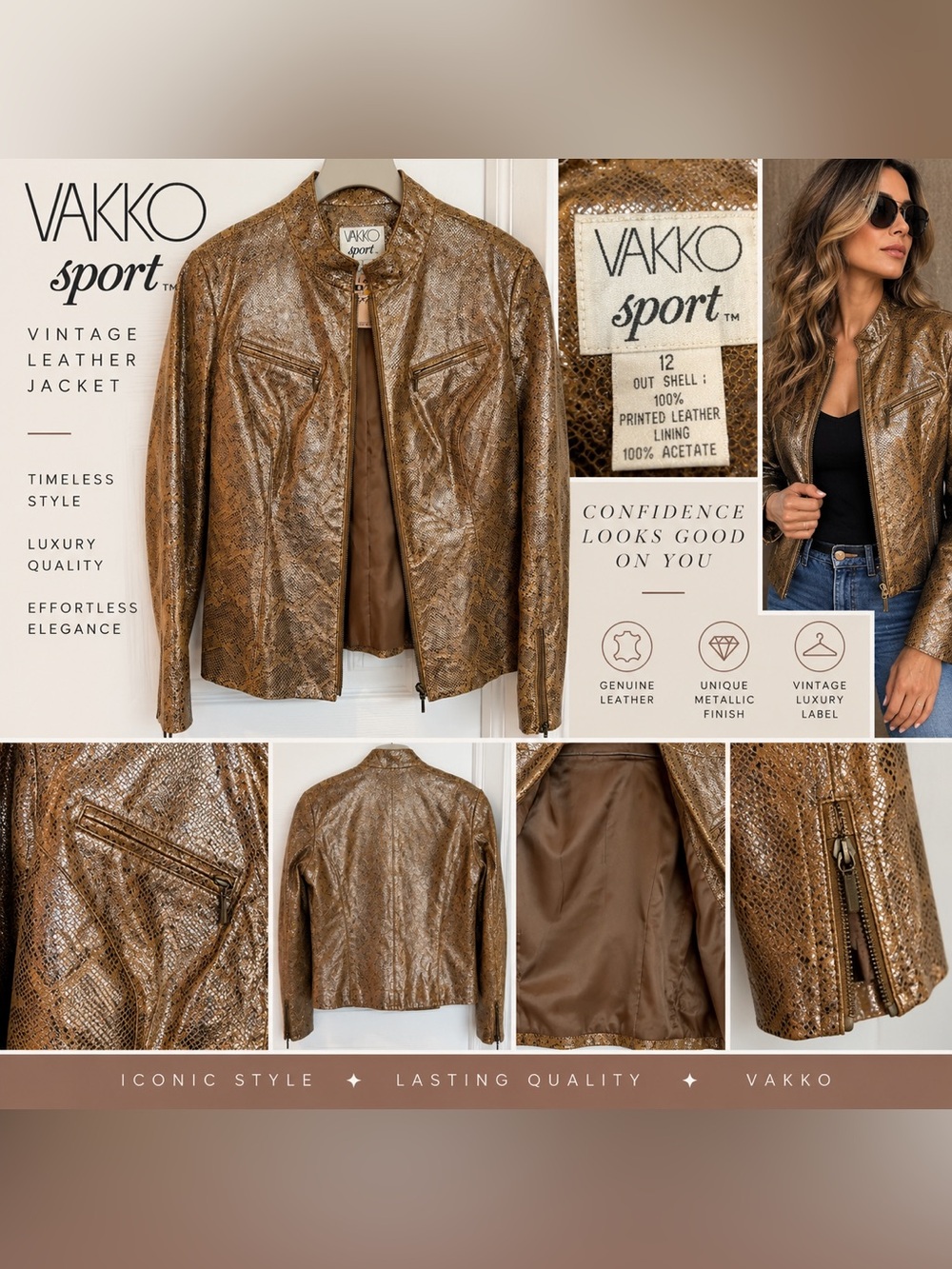 Vintage VAKKO Sport Metallic Gold Snakeskin Leather Jacket Women’s 12